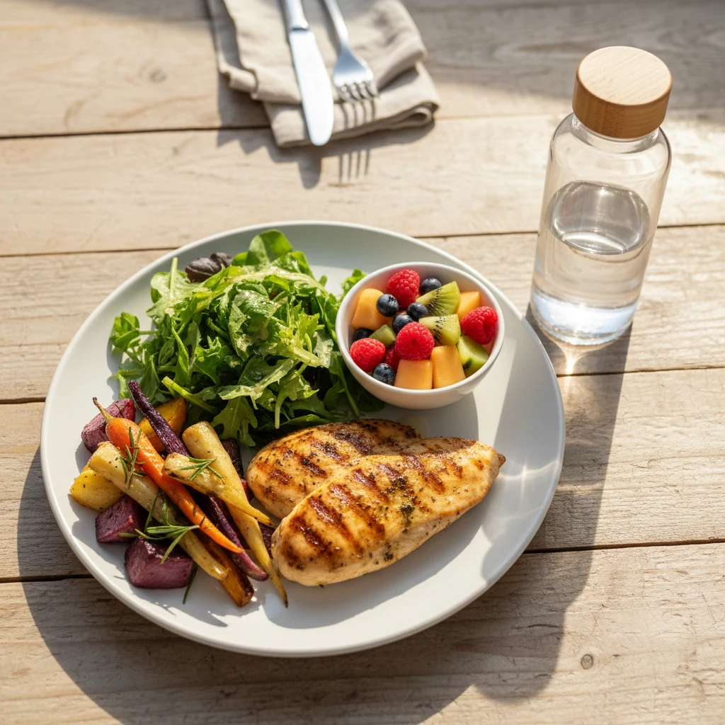 An illustrative lunch with chicken, vegetables, salad and fruit