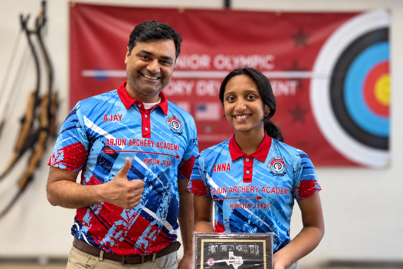 Coach Ajay Kumar standing beside a young archer holding an award