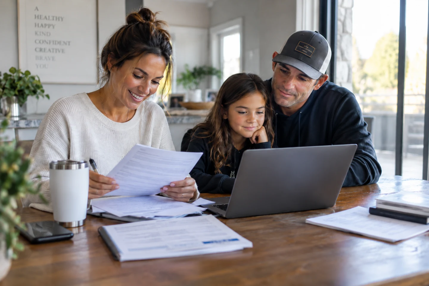 Parents and their daughter reviewing paperwork and a laptop together at home